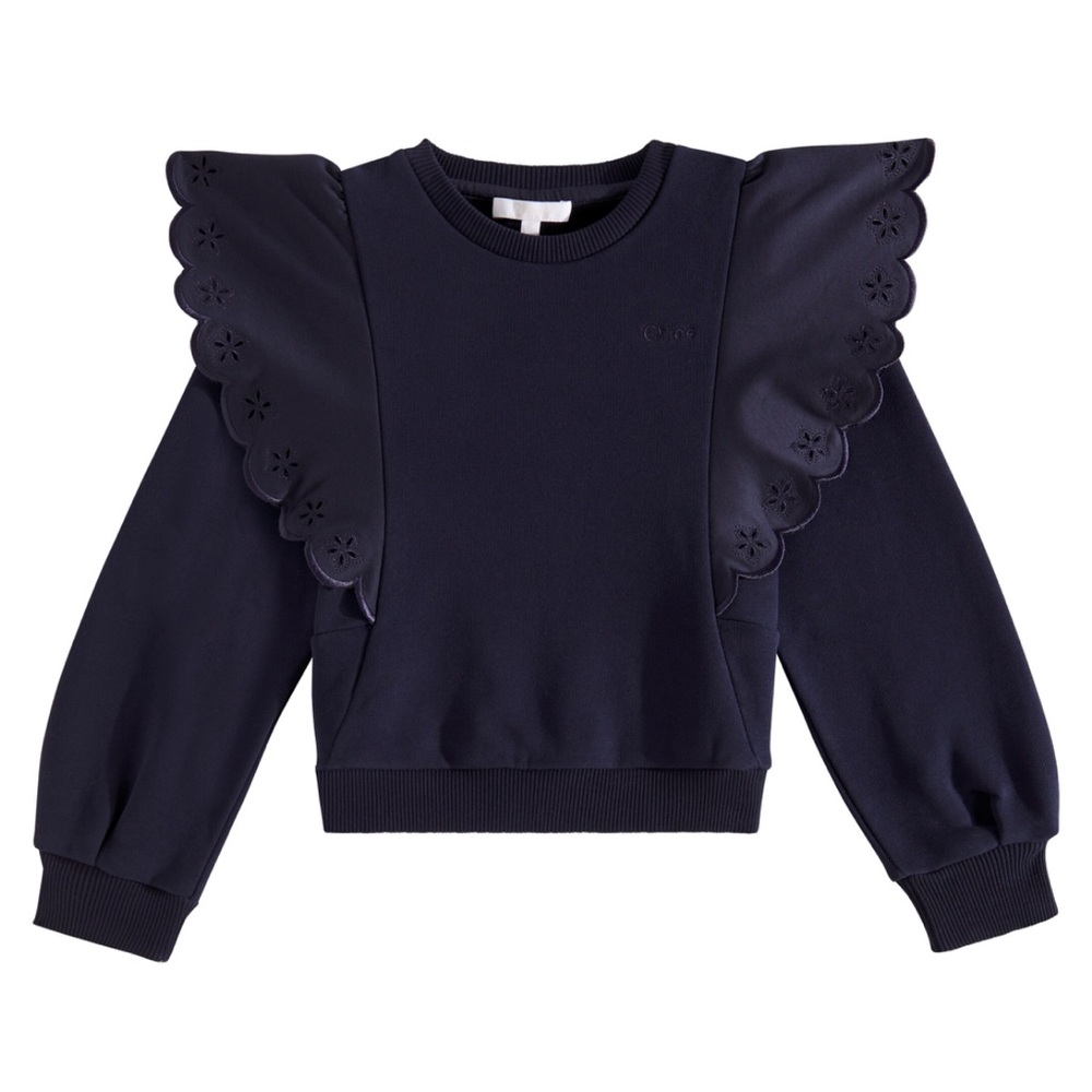 Chloe Navy Sweatshirt with Scalloped Sleeves